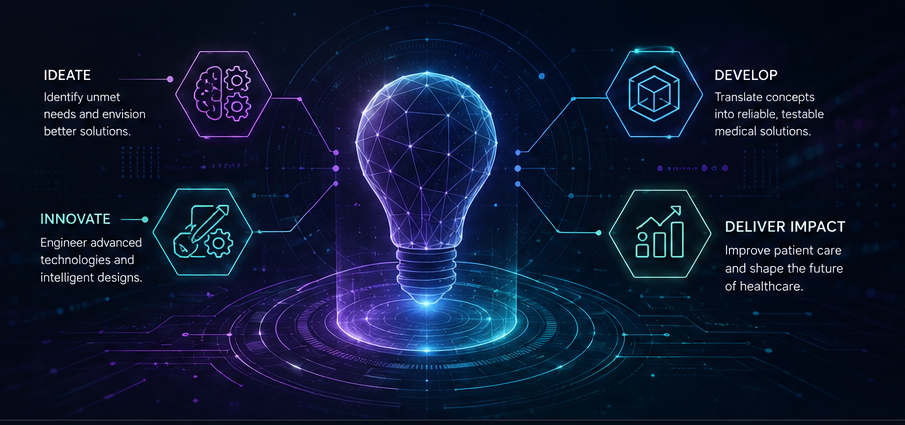 Innovation concept with connected lightbulb, ideation, development, and impact